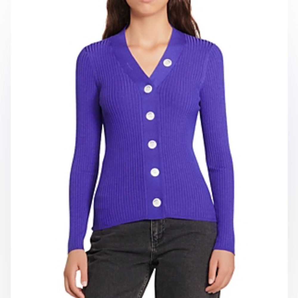 Sandro V-Neck Ribbed knit Button up Gabrielle purple Sweater Cardigan
